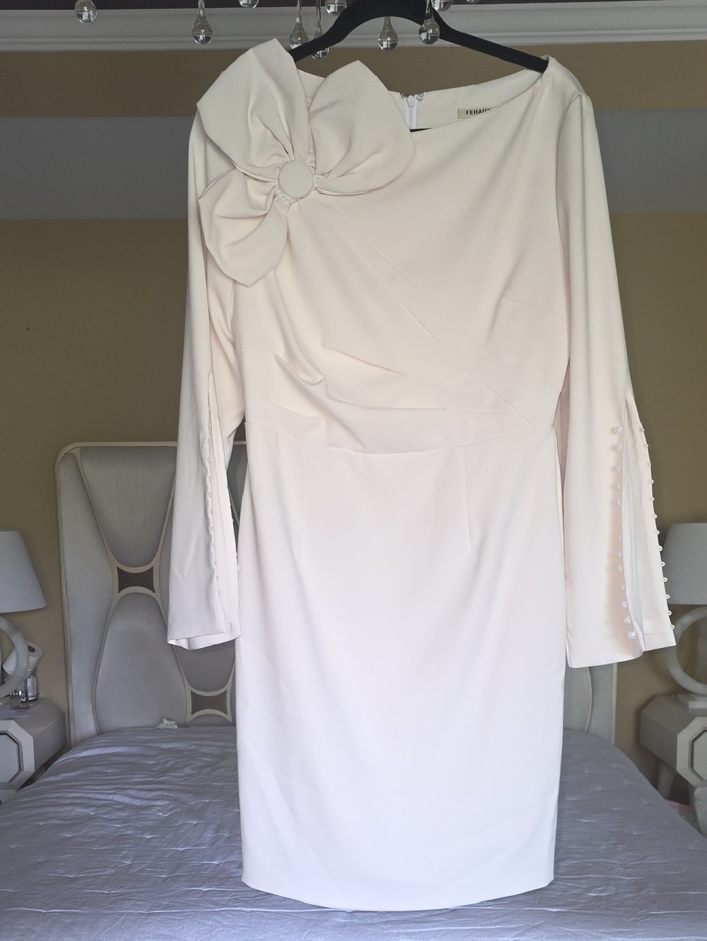 Fehaute Refined White Long-Sleeve Sheath Dress with Floral Shoulder Accent  8